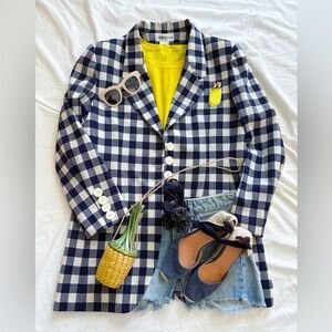 Checked Navy & White Blazer,frock coat,vest - Women's Suit Jacket